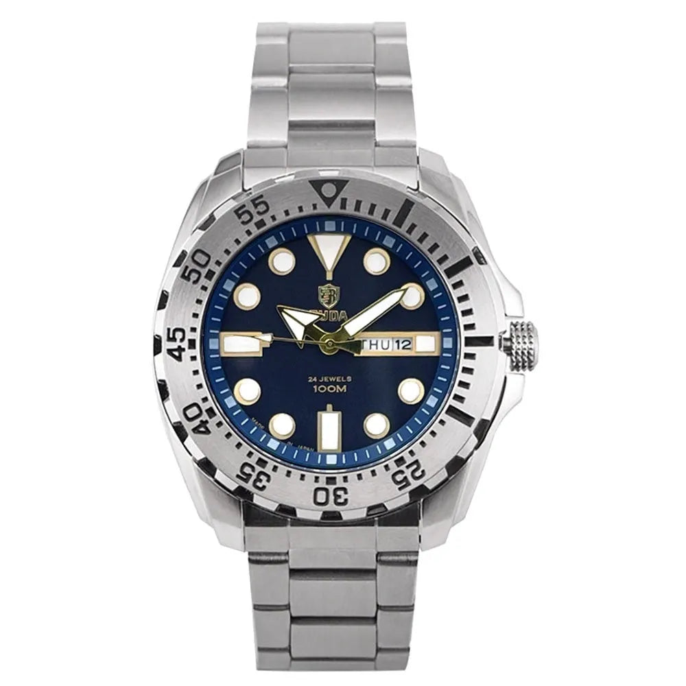 Waterproof men's sports watch with luminous quartz movement showing blue dial and steel strap option