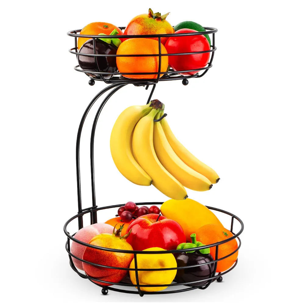 Black wrought iron double-layer fruit basket with open-weave sides for produce storage