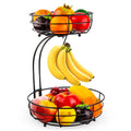 Black wrought iron double-layer fruit basket with open-weave sides for produce storage
