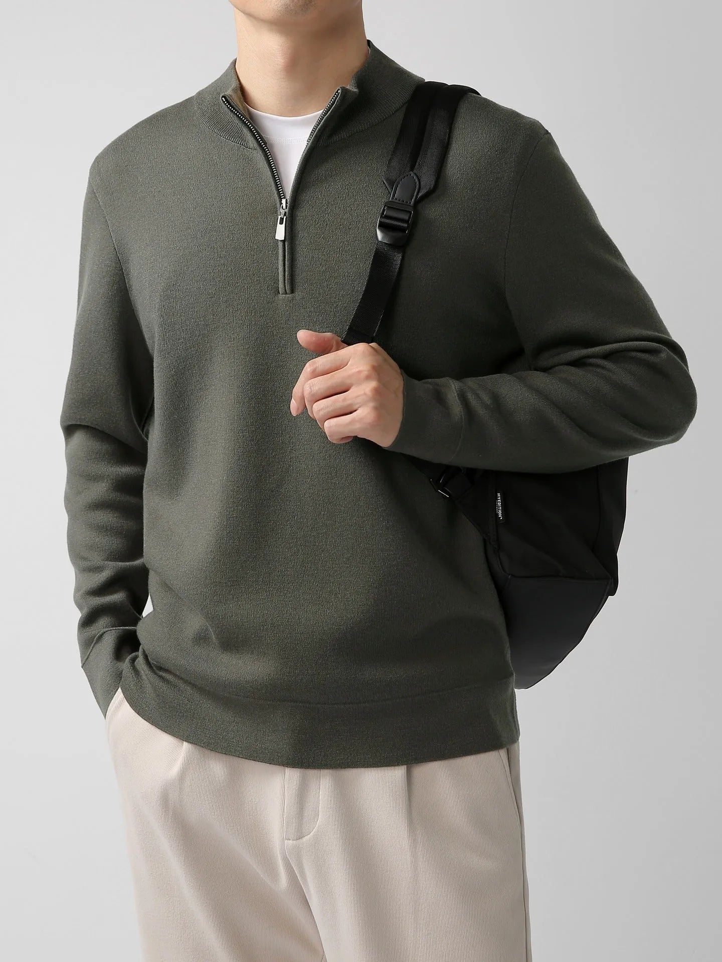 Men's merino wool zip stand collar sweater in regular fit, long sleeves, available in multiple colours