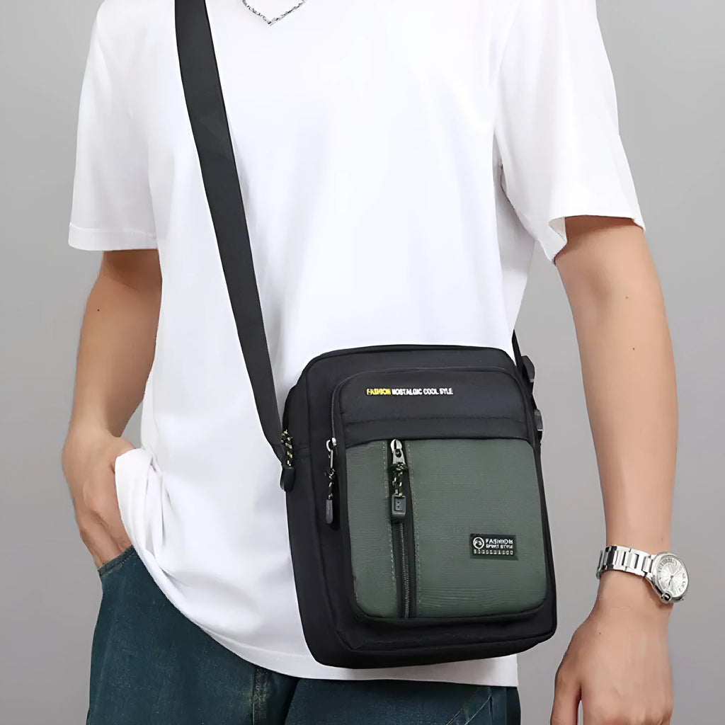 Men's casual nylon messenger bag with crossbody strap in green, grey, black, or blue colours
