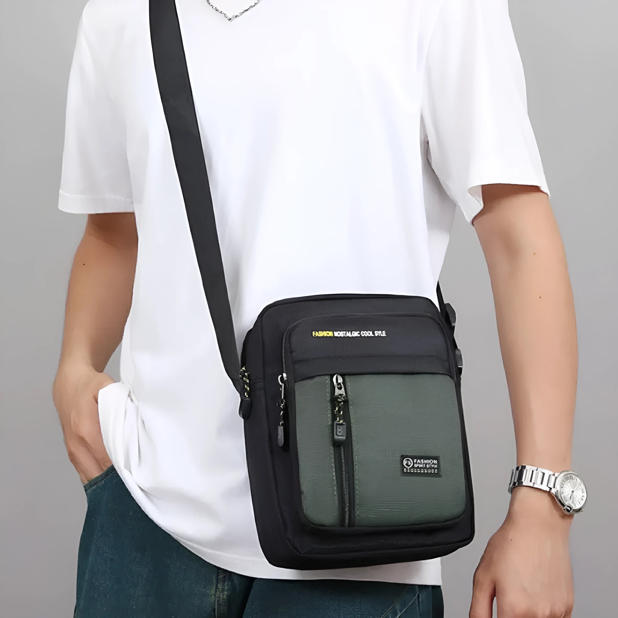 Men's casual nylon messenger bag with crossbody strap in green, grey, black, or blue colours