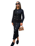 French retro slim fit knitted long sleeve dress in black, showing button detail and one-step skirt.