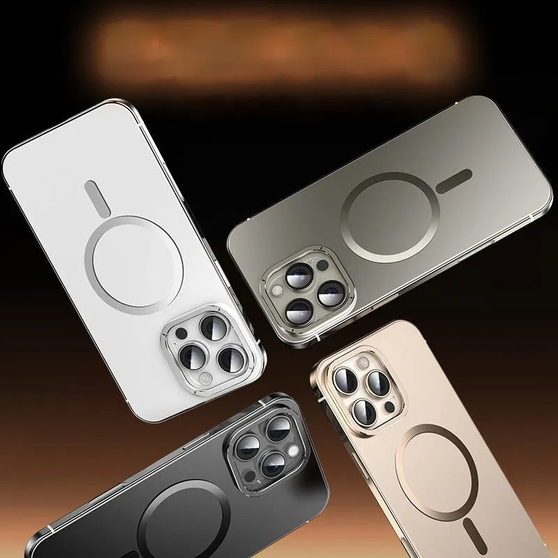 Magnetic suction iPhone case with stainless steel acrylic half-pack in Desert Gold colour for iPhone 15 Pro Max