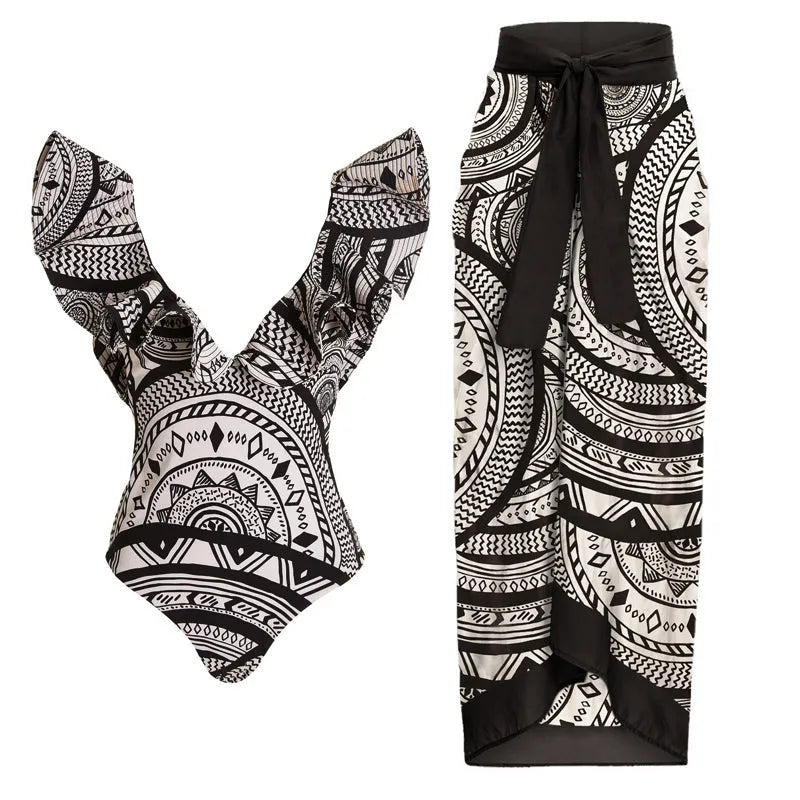 Women's vintage print one-piece swimsuit with deep V-neck, ruffles, and matching wrap skirt