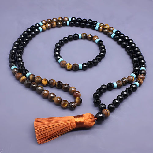 Black agate bracelet and Tiger Eye stone necklace jewellery set with geometric design