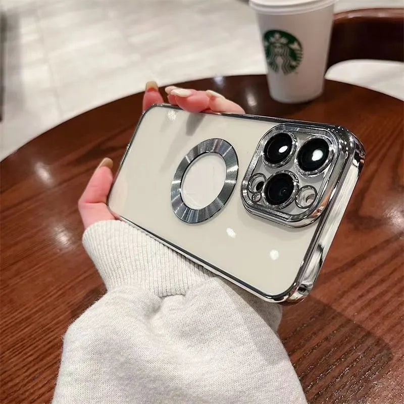 Transparent TPU phone case with electroplated CD pattern for iPhone 14 and 15 series