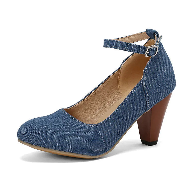 Women's blue denim platform high heels with an ankle buckle and waterproof sole.