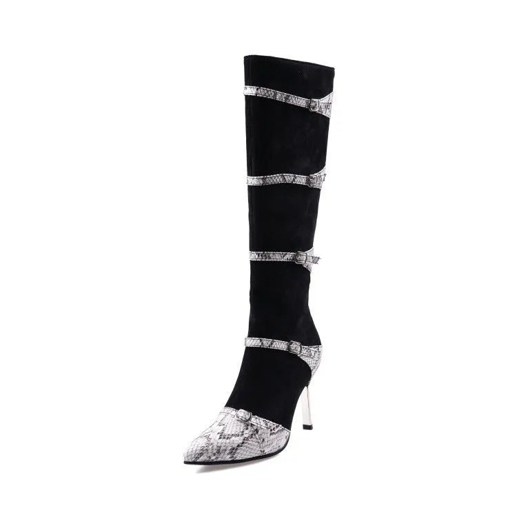 Grey women's knee high boots with a thin high heel and pointed toe on a plain background.