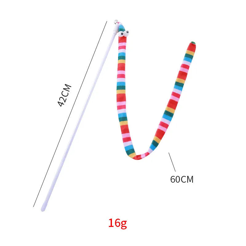 Cat wand teaser toy with polycarbonate pole and long plush strip in vivid colours