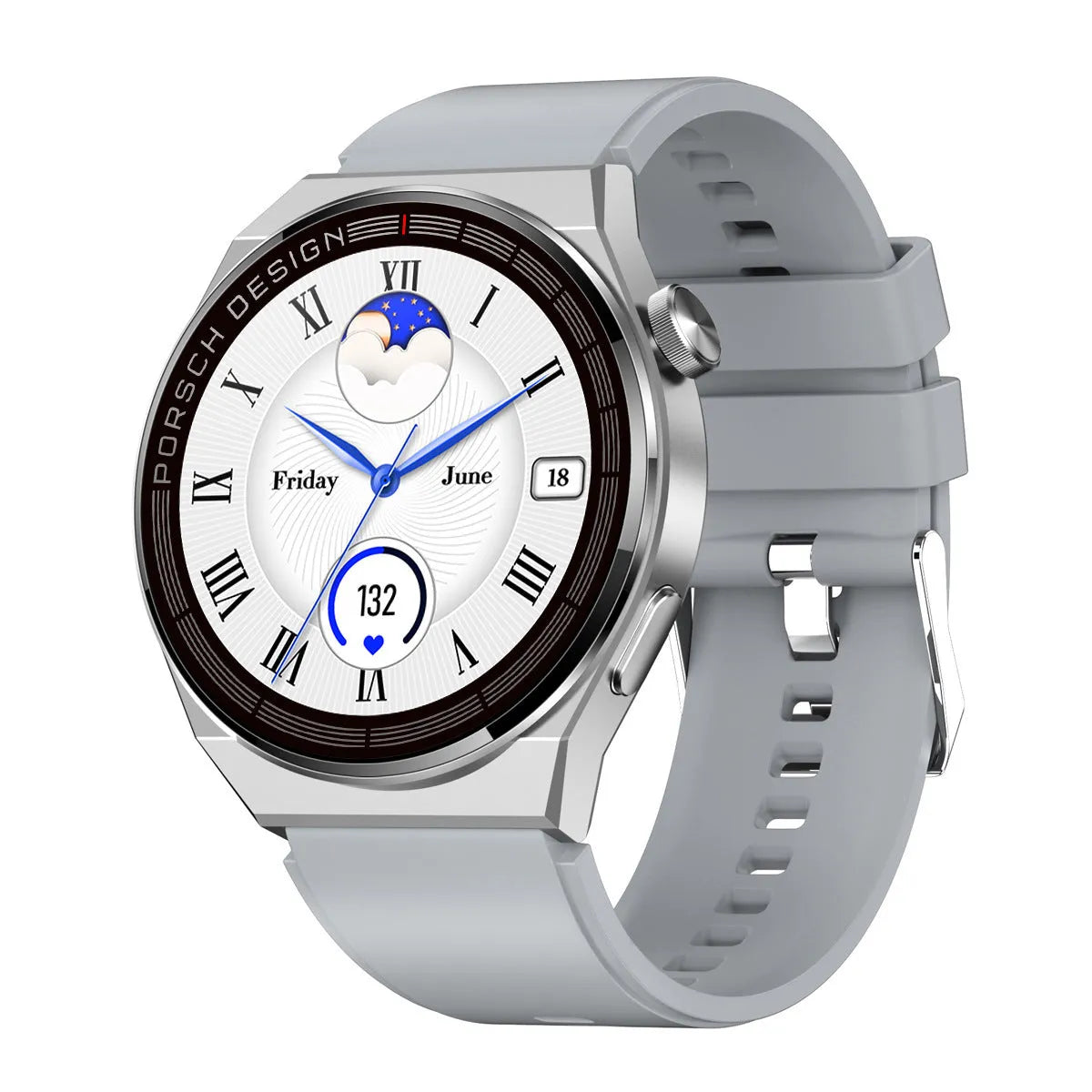 Smartwatch with 1.39 inch glass screen, black shell, black silicone strap, showing step counter screen