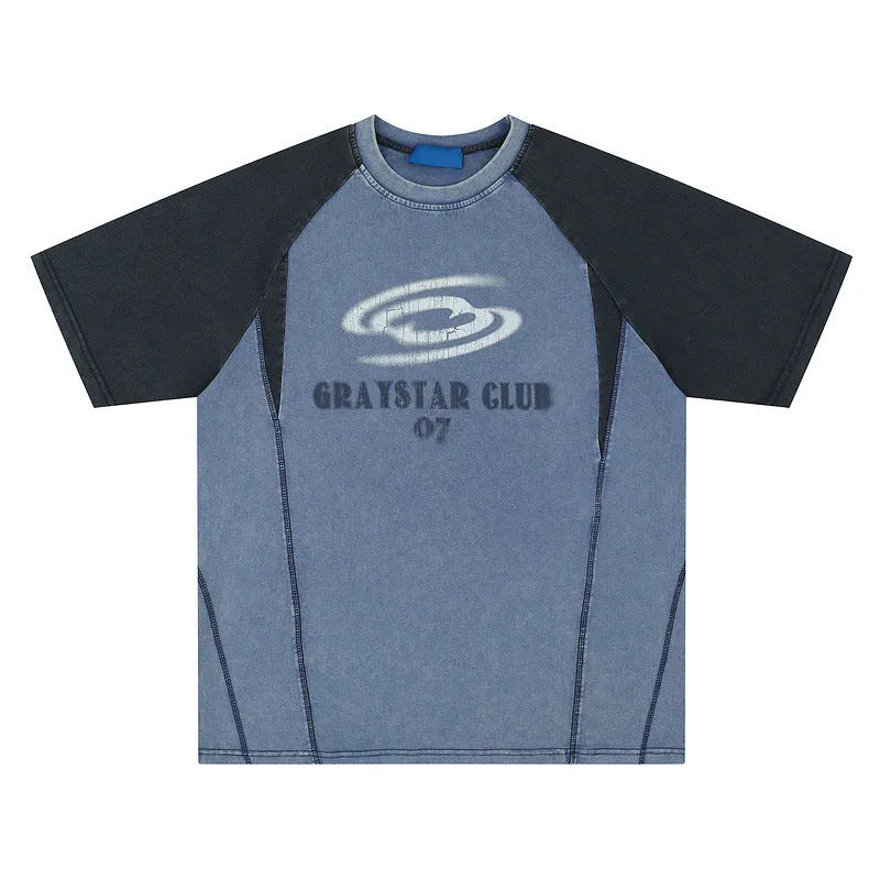 Blue hip hop letter print men's t-shirt with raglan sleeves in loose casual fit