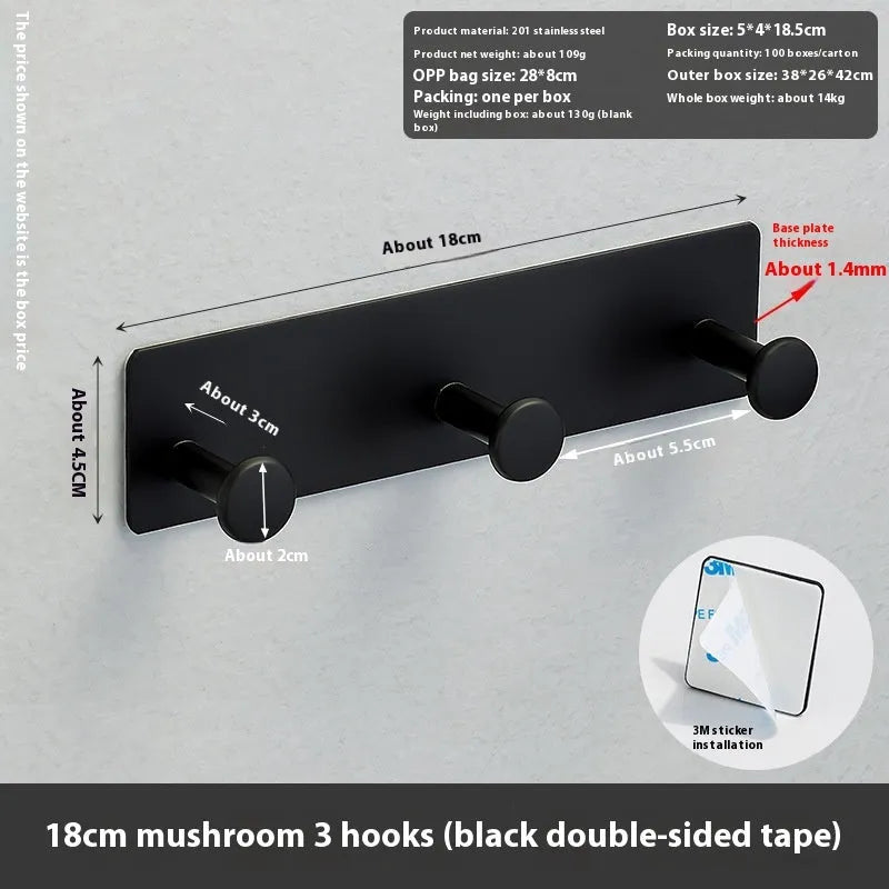 Iron wall-mounted coat hooks with adhesive backing in three sizes for no-drill installation
