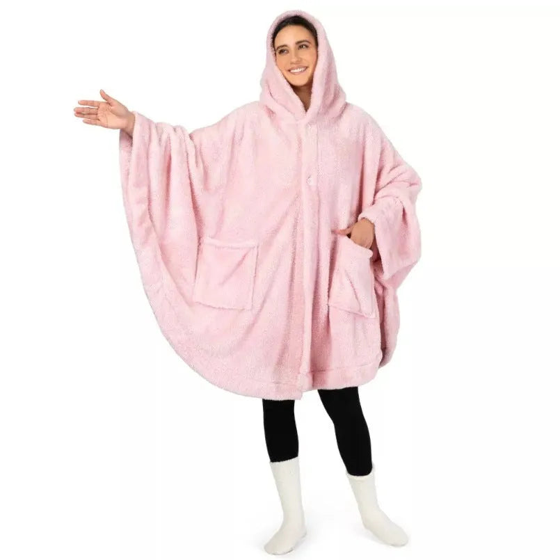Super thick hooded polyester bathrobe in cardigan style with long sleeves