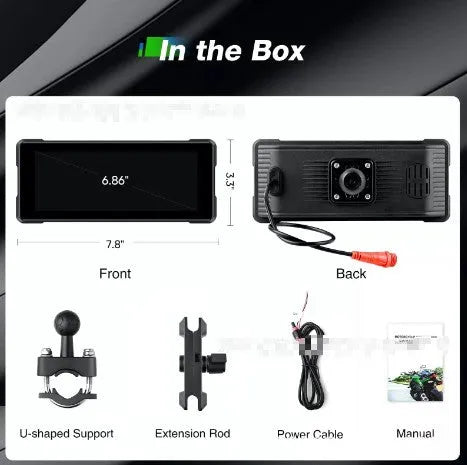 6.86-inch motorcycle driving recorder with IP68 waterproof shell, high brightness IPS touch screen, and dual recording cameras mounted on handlebars