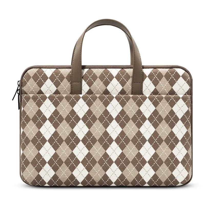 Protective padded laptop sleeve with airbag lining, zip closure, and leather carry loop, Diamond Apricot colour