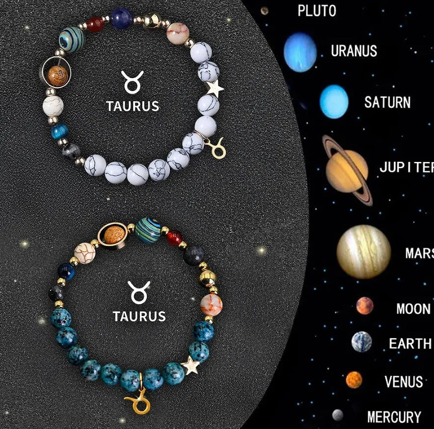Two natural stone beaded bracelets showing different zodiac sign designs on an adjustable cord.