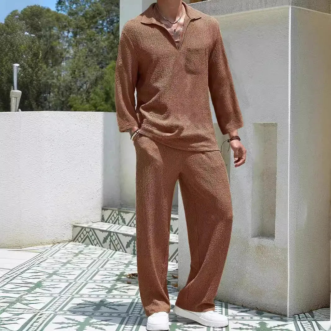 Men's casual polyester shirt trousers suit in black, caramel, khaki or lake blue colours with shirt jacket design