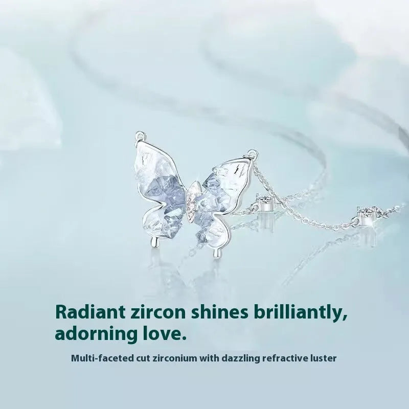 Bingyu Butterfly Necklace with ice rain design on S925 silver chain, adjustable 41-50cm length