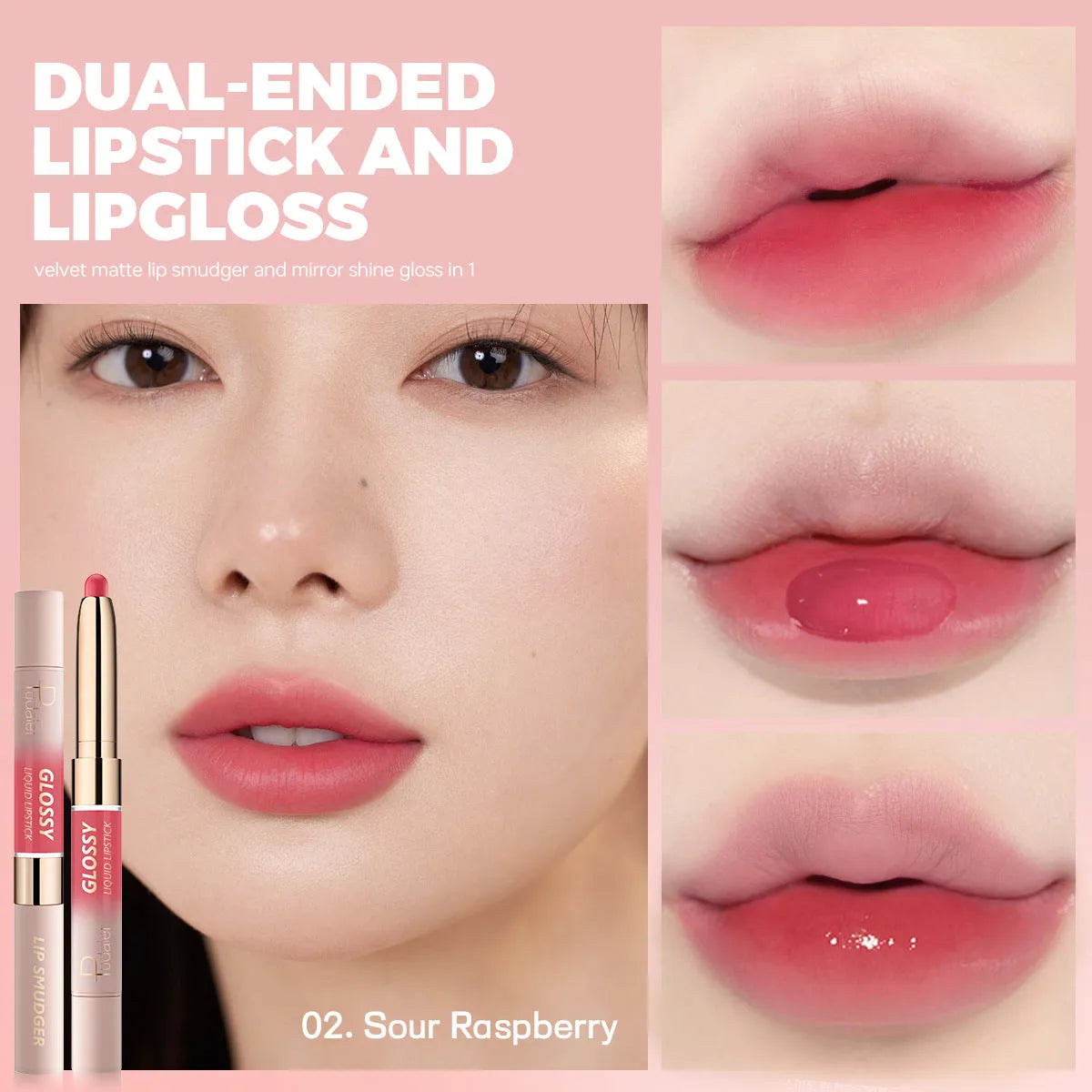 Double-headed matte lipstick and lip gloss cosmetic stick in one of ten available colours.