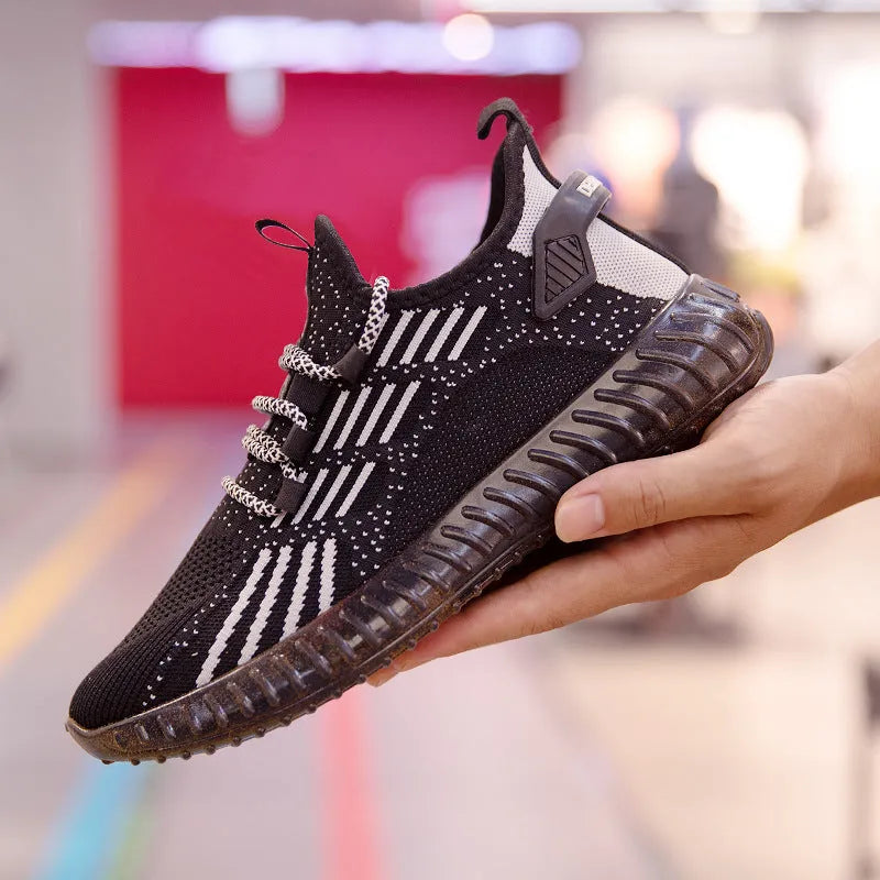 Men's breathable Flying Fabric sports shoes in black with mesh lining and platform heel