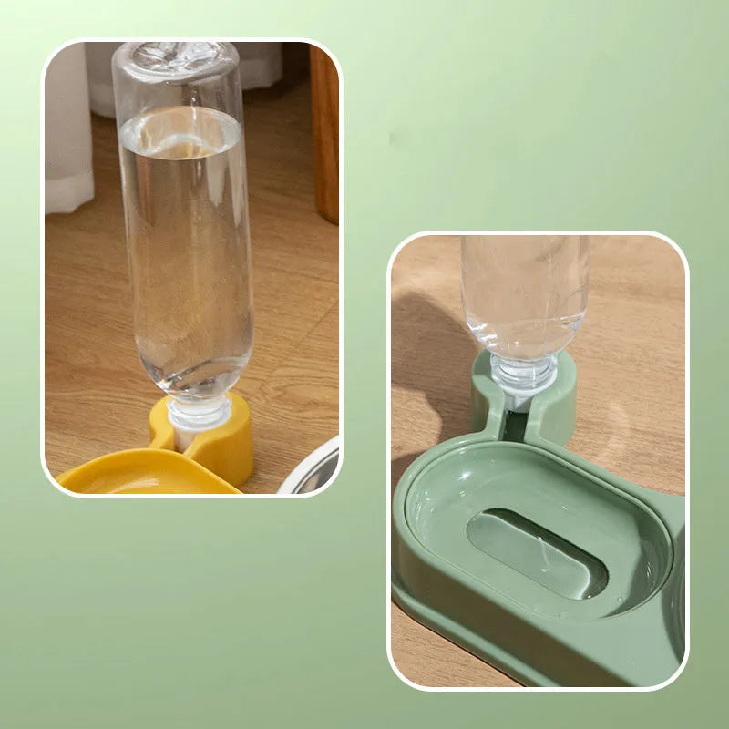 Elevated cat food bowl with water dispenser bottle in brown colour