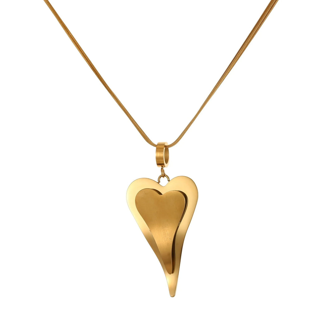 Stainless steel double heart snake bones chain necklace with geometric pendant in gold or steel electroplated finish