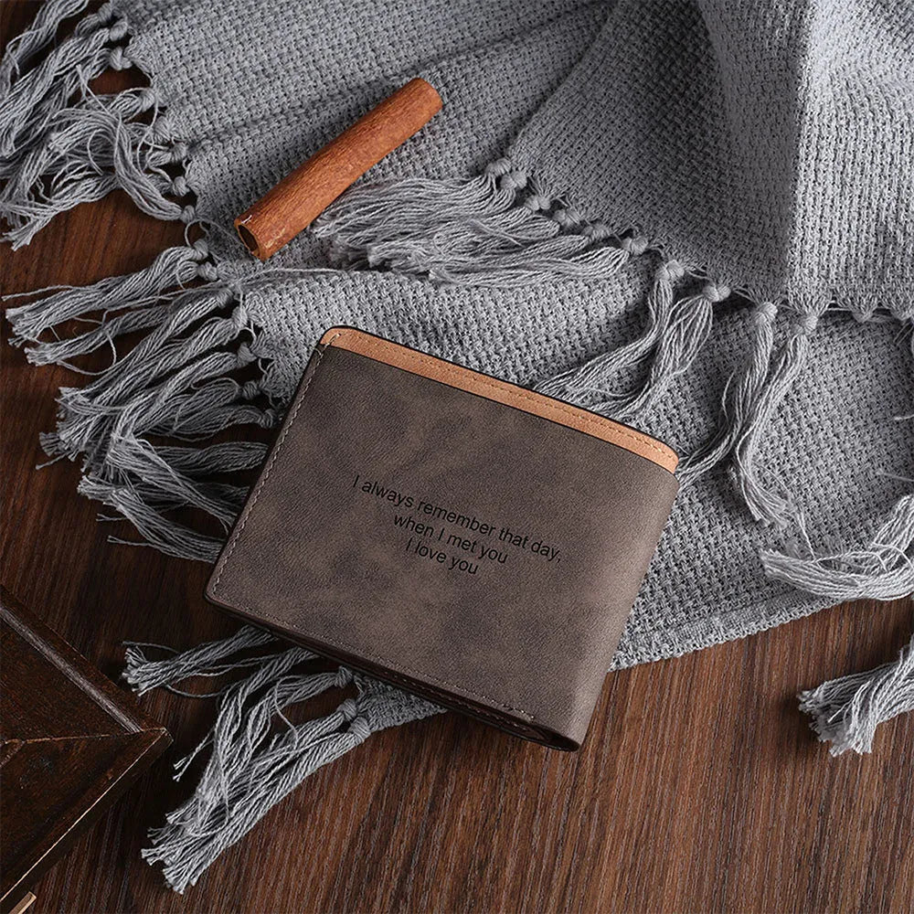 Coffee coloured engraved horizontal short wallet made from PU leather, showing personalised text or photo customisation.