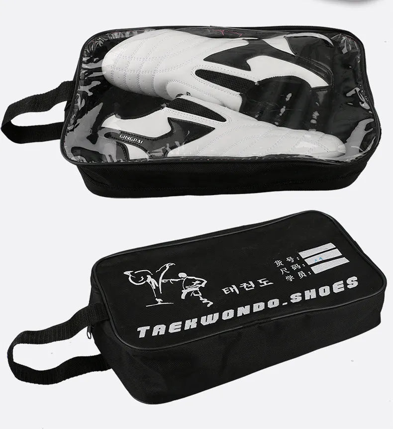 Black and white PU Taekwondo martial arts training shoes with a soft sole.