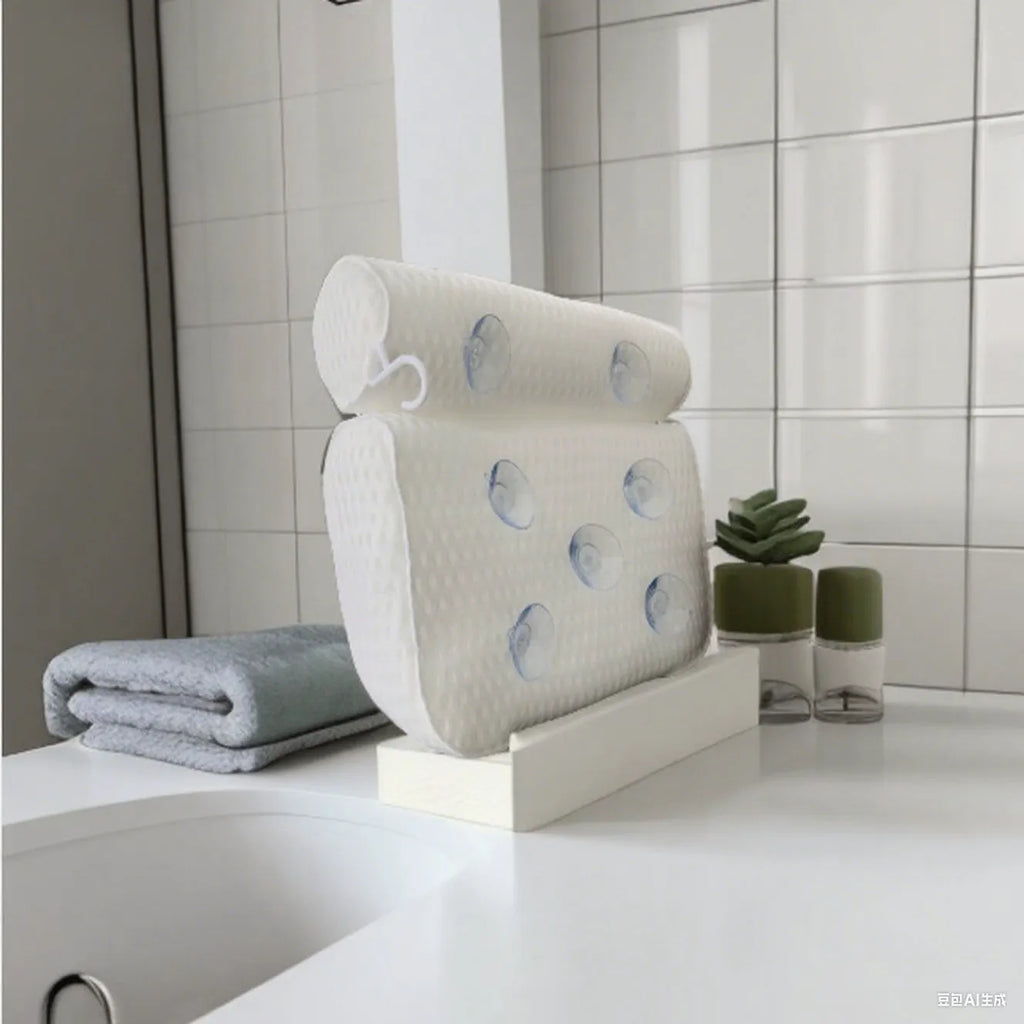 White luxury bathtub pillow with textured 3D material and seven large suction cups on the back.