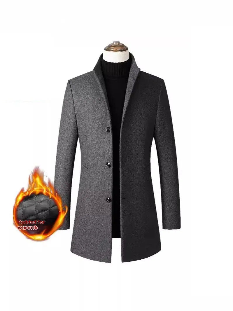 Men's single-breasted stand collar wool winter coat in solid colour front view