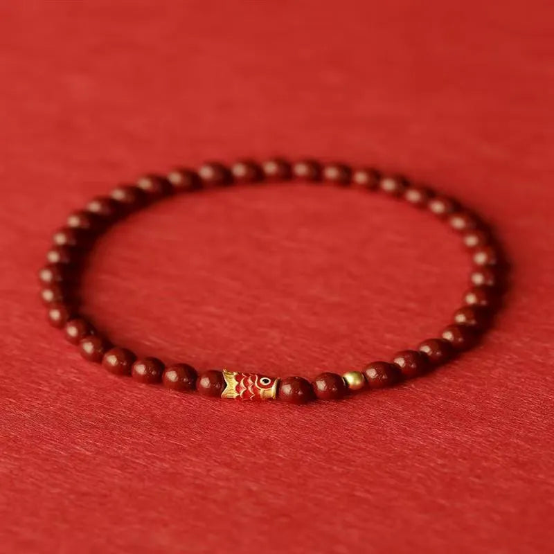 Natural cinnabar koi bracelet with golden ball model in national style, available in 4mm and 6mm sizes
