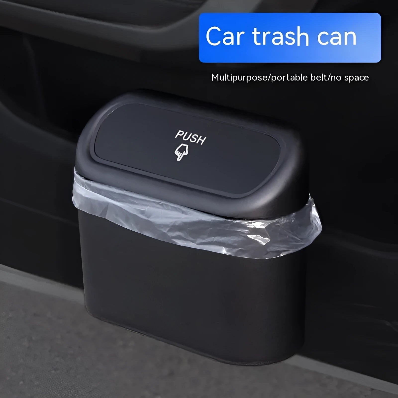Folding car trash can in black waterproof plastic on car seat for waste collection