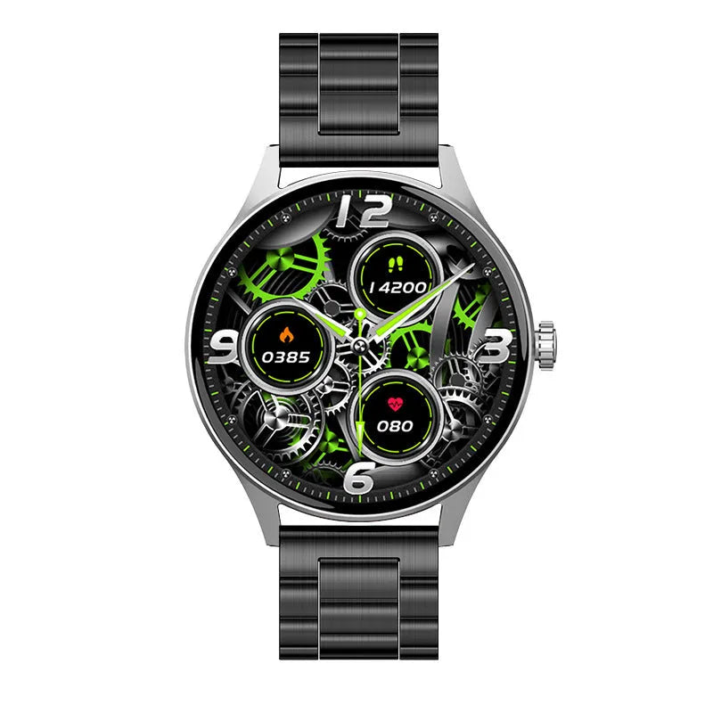 Smart watch with blood glucose and heart rate monitoring on a coloured AMOLED screen.