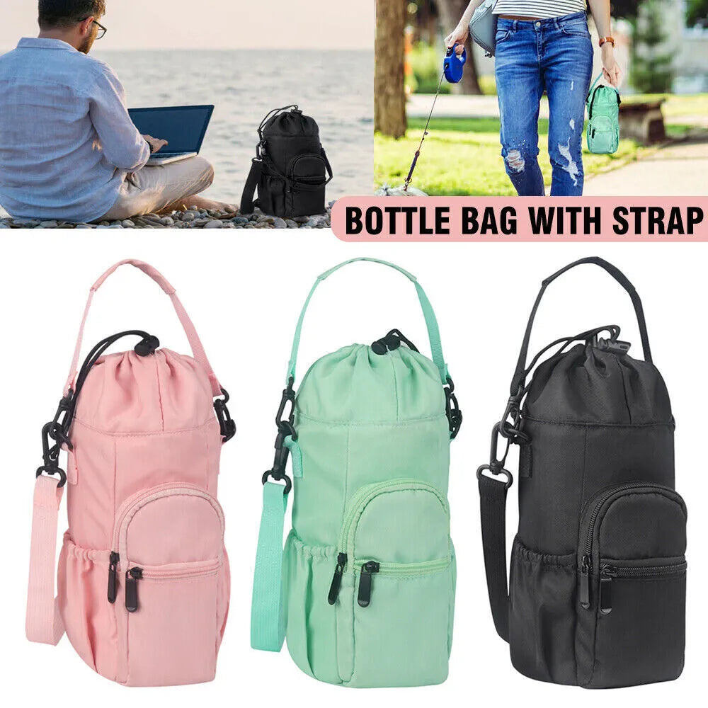 Black cloth crossbody water bottle pouch shown holding a bottle.