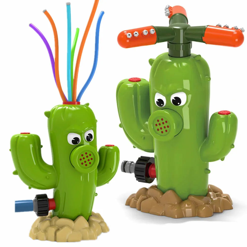 Cactus-shaped outdoor water sprinkler toy for kids on green grass with water spray