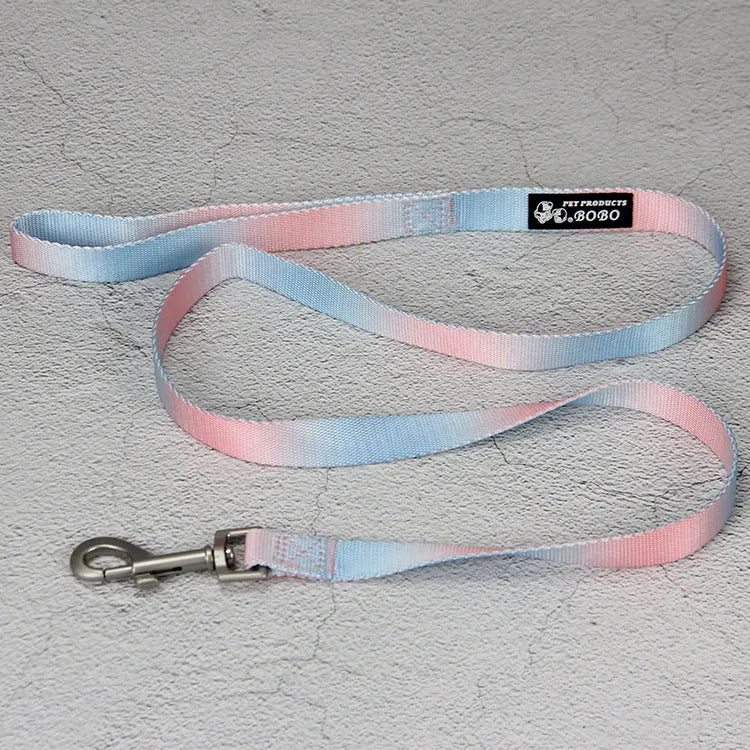 Gradient colour nylon pet leash set with dog collar and lead in pink blue yellow purple green combinations