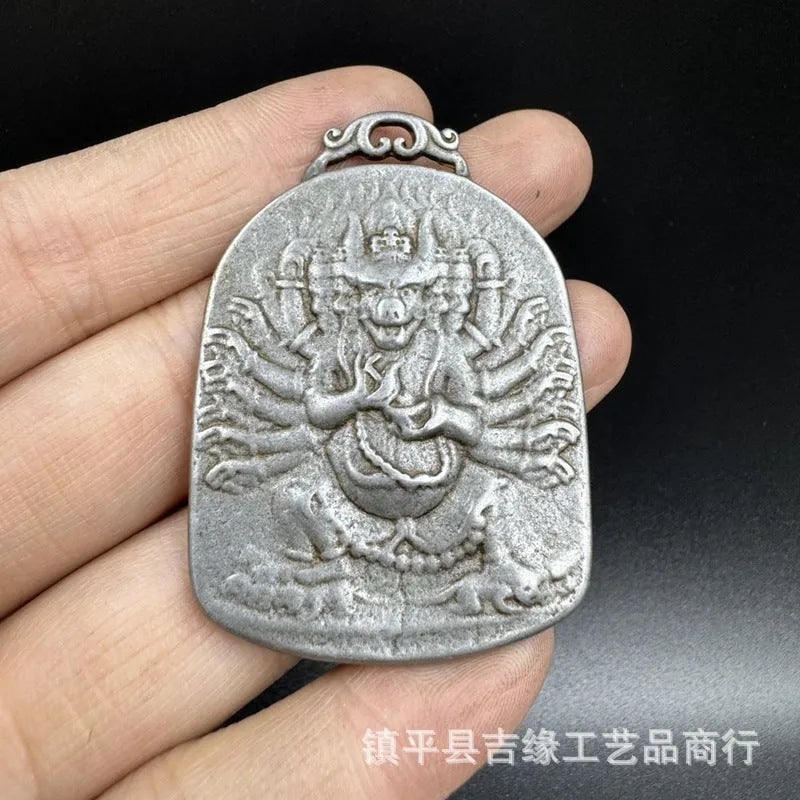 Iron metal pendant with Chinese geometric style and Buddhist Yamantaka deity design