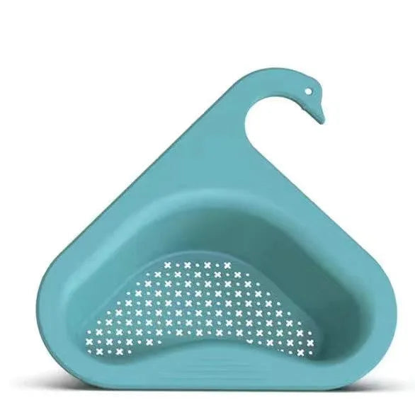 Yellow hanging swan drain basket made of plastic, fitted on a kitchen sink edge with space for vegetables and utensils