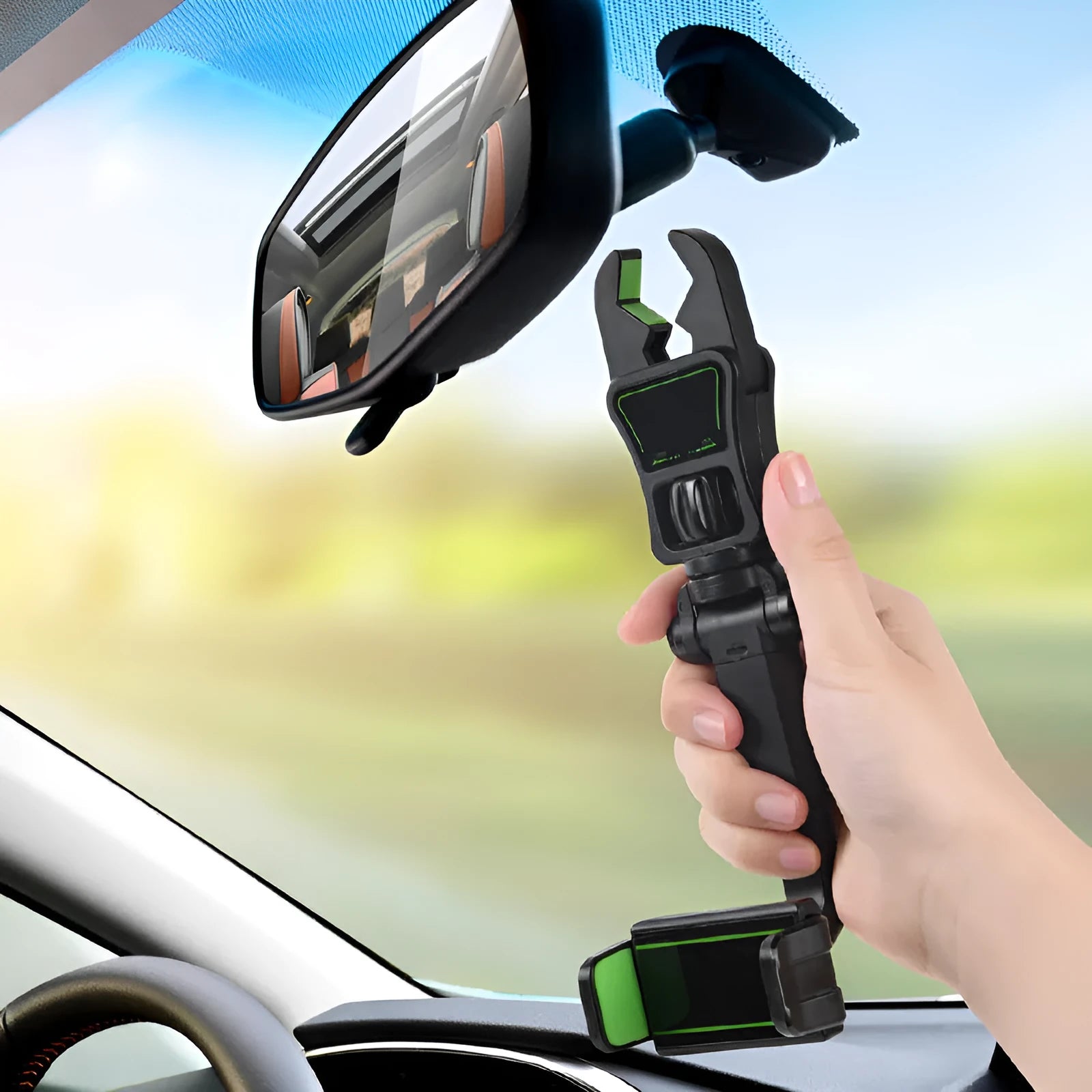 Car mobile phone holder clipped onto rear view mirror with ABS bracket in black and green colour