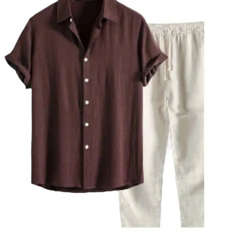Men's casual loose fit polyester linen shirt and trousers suit in multiple colour options