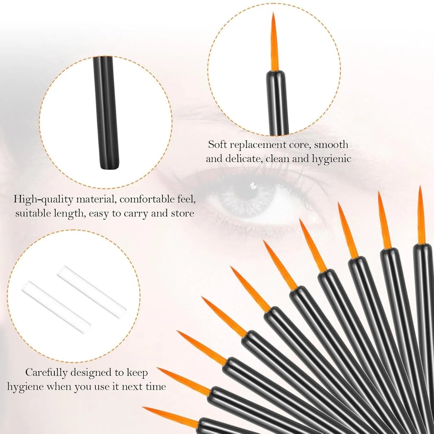 Pack of 100 black disposable eyeliner brushes with fine tips and plastic sleeves