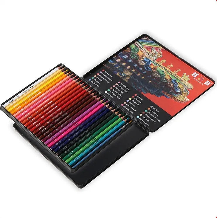 Open iron box showing 24 water-soluble coloured pencils and a brush for art projects