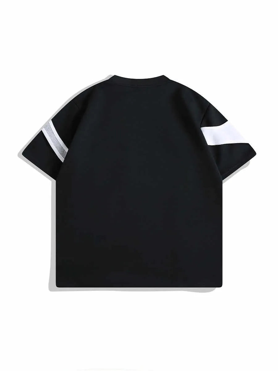Men's black cotton T-shirt with double-layer stitching on padded shoulder straps, loose fit design