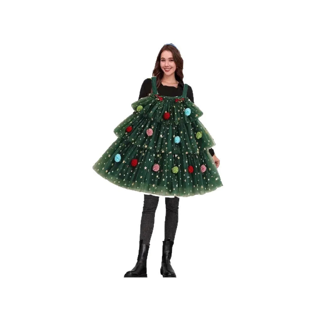 Green polka dot mesh decorative dress with Christmas tree pattern and multi-layer tiered construction