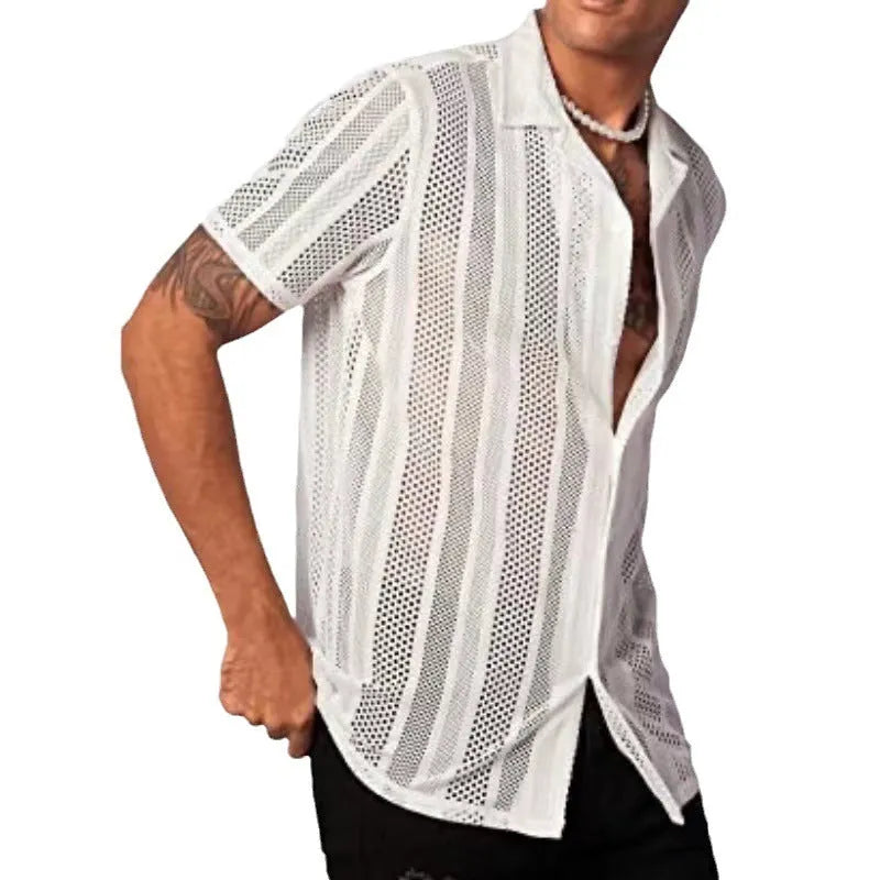 Men's black and white jacquard knitted short-sleeved cardigan shirt with button front
