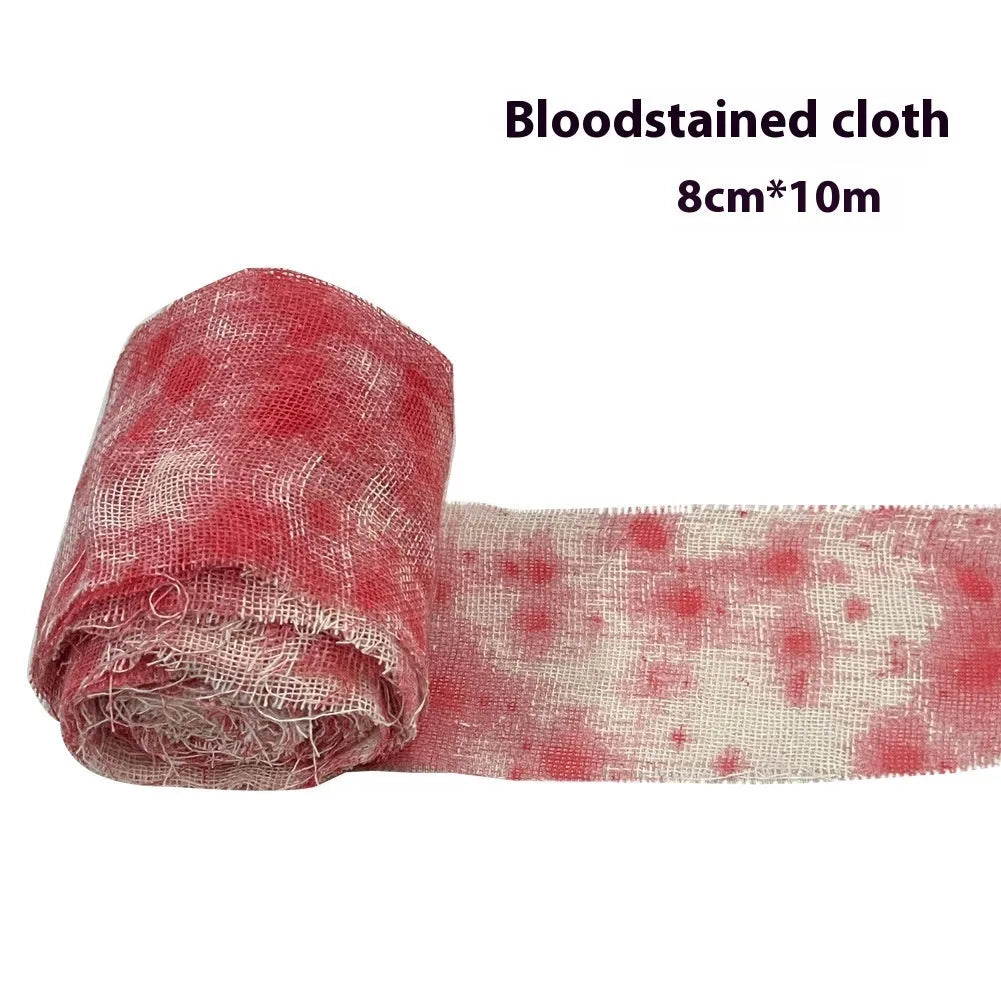 Roll of polyester Halloween horror bandage in bloody cloth red colour, 8cm wide
