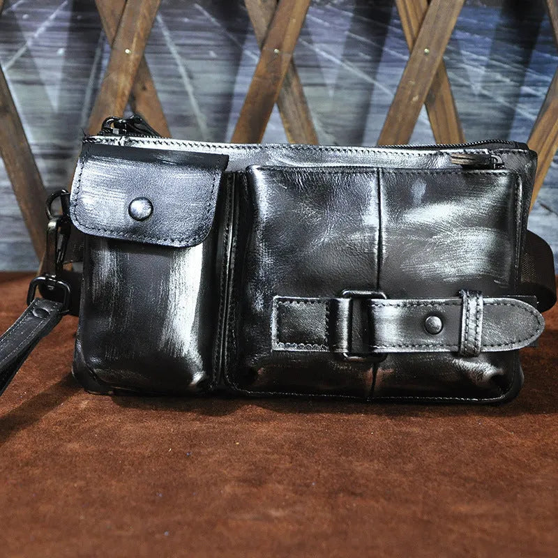 Men's vegetable tanned cowhide leather chest bag crossbody in Dark Crazy Horse colour