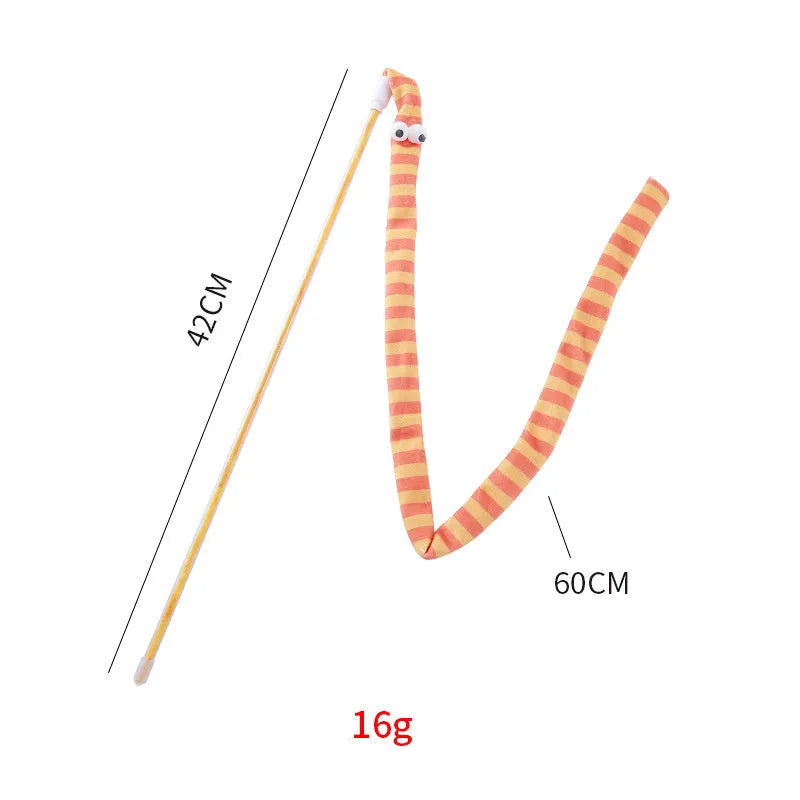 Cat wand teaser toy with polycarbonate pole and long plush strip in vivid colours