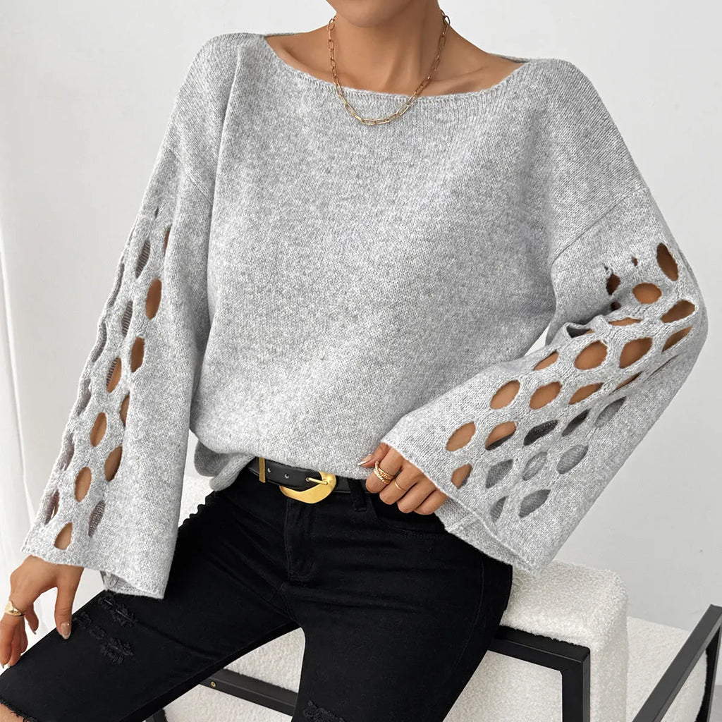 Women's solid colour hollow-out long sleeve round neck pullover sweater in gray, plus size